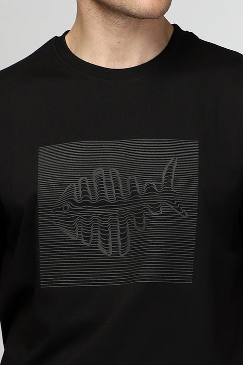 Black Crew Neck Regular Fit Cotton Printed T-Shirt