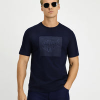 Dark Navy Crew Neck Regular Fit Cotton Printed T-Shirt