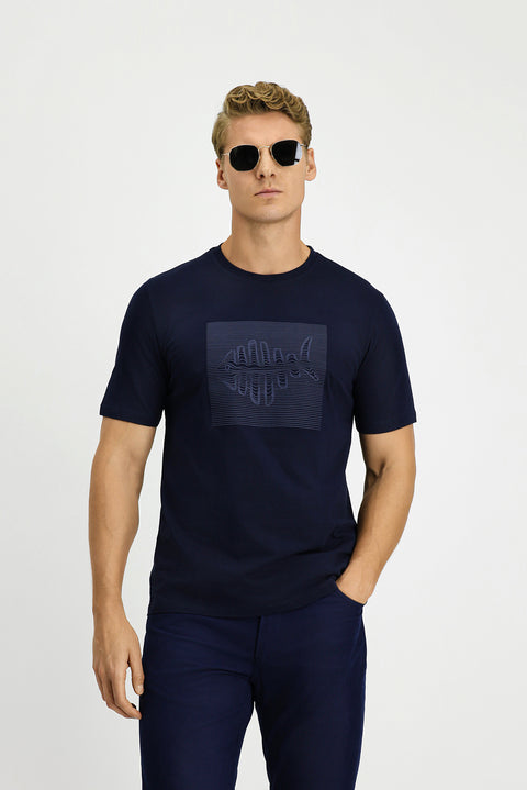Dark Navy Crew Neck Regular Fit Cotton Printed T-Shirt