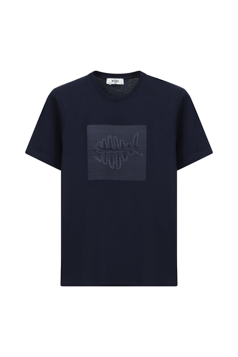 Dark Navy Crew Neck Regular Fit Cotton Printed T-Shirt
