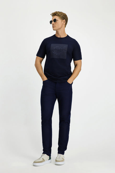 Dark Navy Crew Neck Regular Fit Cotton Printed T-Shirt