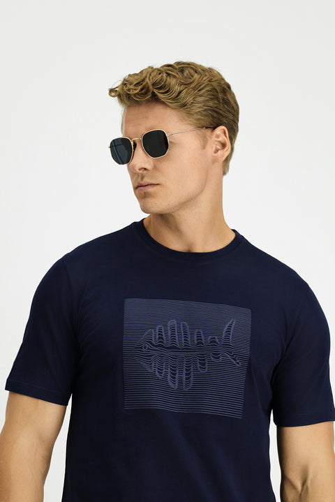 Dark Navy Crew Neck Regular Fit Cotton Printed T-Shirt