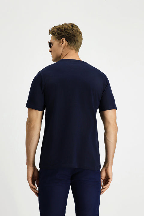 Dark Navy Crew Neck Regular Fit Cotton Printed T-Shirt