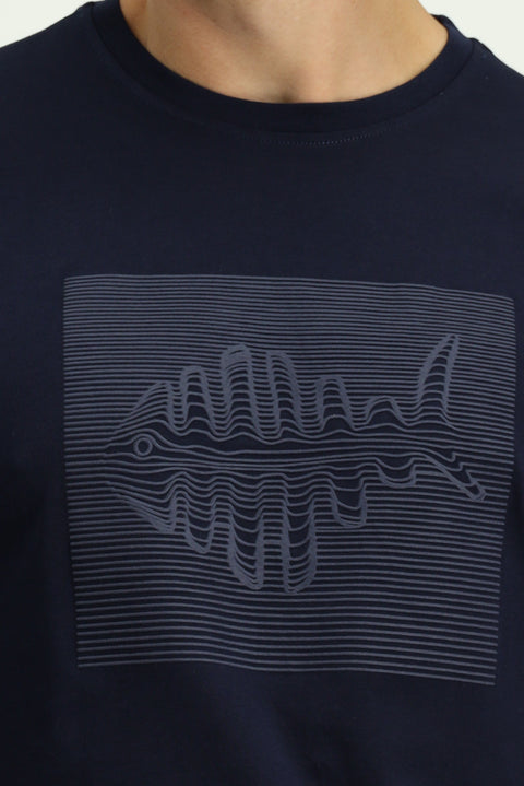 Dark Navy Crew Neck Regular Fit Cotton Printed T-Shirt