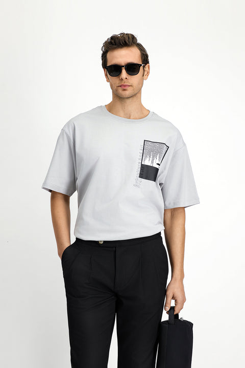Light Grey Crew Neck Oversize Cotton Printed T-Shirt
