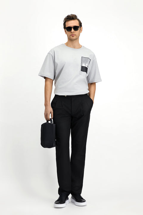 Light Grey Crew Neck Oversize Cotton Printed T-Shirt