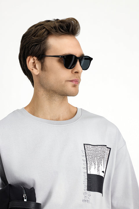 Light Grey Crew Neck Oversize Cotton Printed T-Shirt