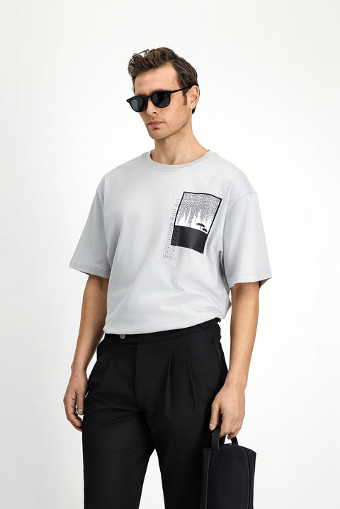 Light Grey Crew Neck Oversize Cotton Printed T-Shirt