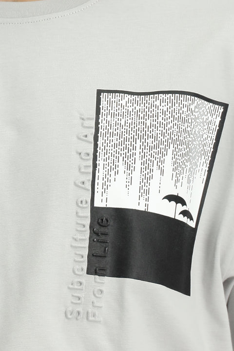 Light Grey Crew Neck Oversize Cotton Printed T-Shirt