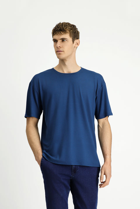 Indigo Crew Neck Oversize Patterned Modal Blend T-Shirt