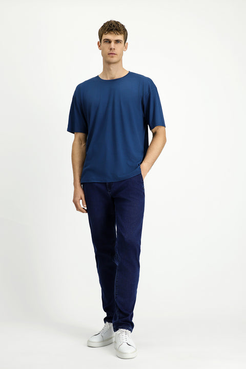 Indigo Crew Neck Oversize Patterned Modal Blend T-Shirt