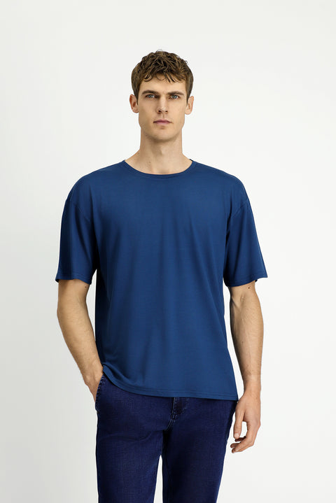 Indigo Crew Neck Oversize Patterned Modal Blend T-Shirt