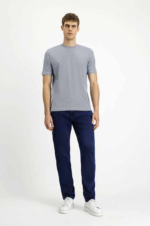 Indigo Crew Neck Regular Fit Striped Mercerized Cotton T-shirt