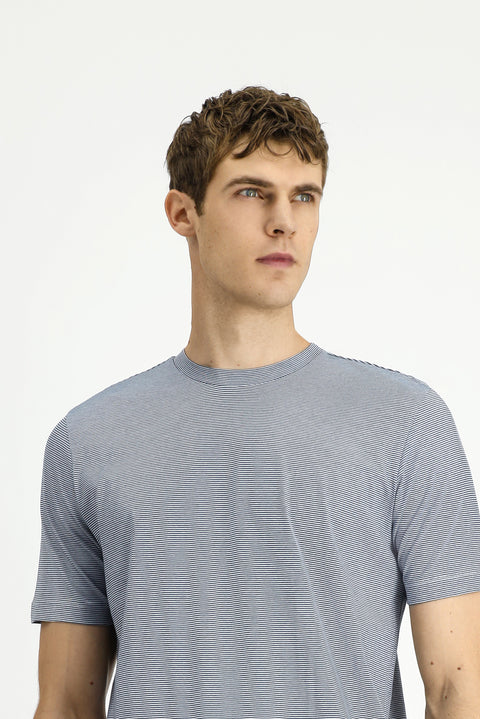 Indigo Crew Neck Regular Fit Striped Mercerized Cotton T-shirt