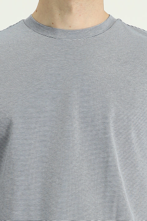 Indigo Crew Neck Regular Fit Striped Mercerized Cotton T-shirt