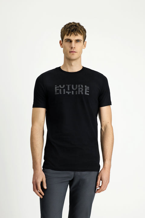 Black Crew Neck Regular Fit Cotton Printed T-Shirt
