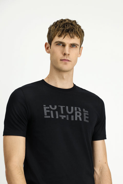 Black Crew Neck Regular Fit Cotton Printed T-Shirt