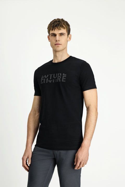 Black Crew Neck Regular Fit Cotton Printed T-Shirt