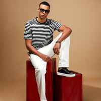 Black Crew Neck Slim Fit Narrow Cut Cotton Striped T-Shirt
