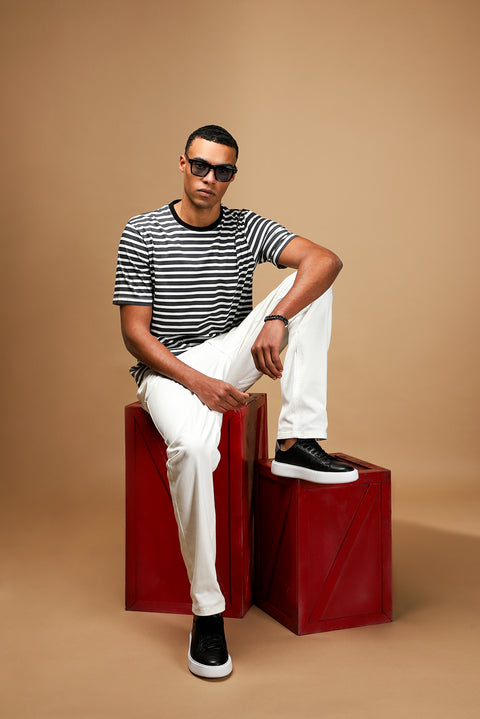 Black Crew Neck Slim Fit Narrow Cut Cotton Striped T-Shirt