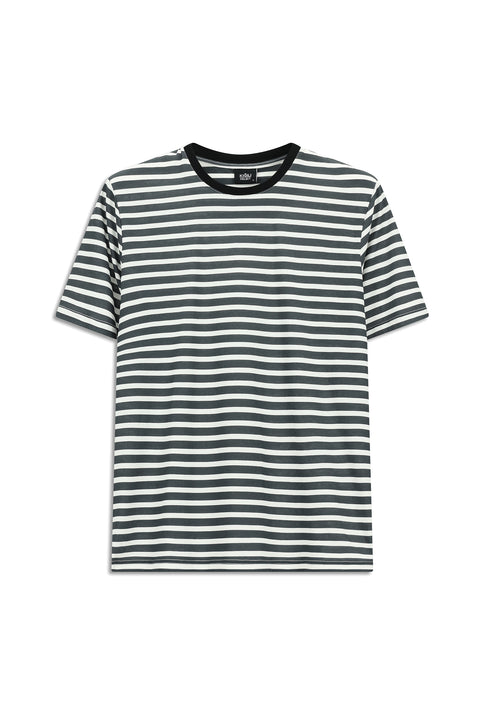 Black Crew Neck Slim Fit Narrow Cut Cotton Striped T-Shirt