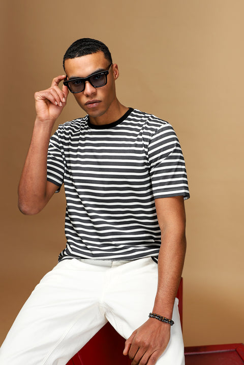 Black Crew Neck Slim Fit Narrow Cut Cotton Striped T-Shirt