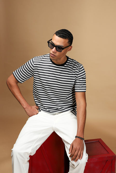 Black Crew Neck Slim Fit Narrow Cut Cotton Striped T-Shirt