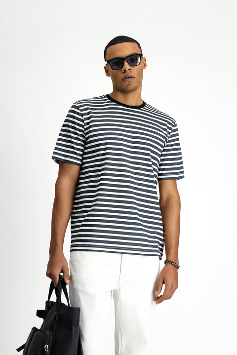 Black Crew Neck Slim Fit Narrow Cut Cotton Striped T-Shirt