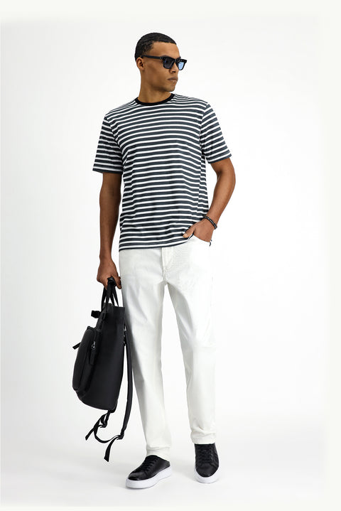Black Crew Neck Slim Fit Narrow Cut Cotton Striped T-Shirt