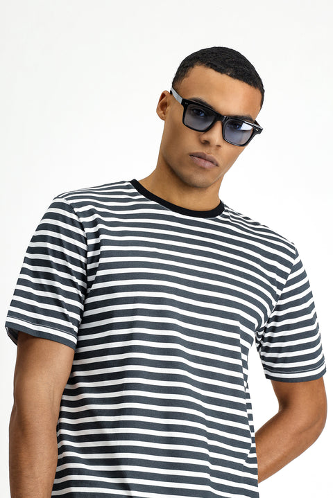Black Crew Neck Slim Fit Narrow Cut Cotton Striped T-Shirt