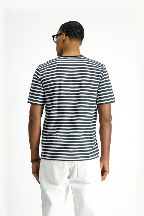 Black Crew Neck Slim Fit Narrow Cut Cotton Striped T-Shirt