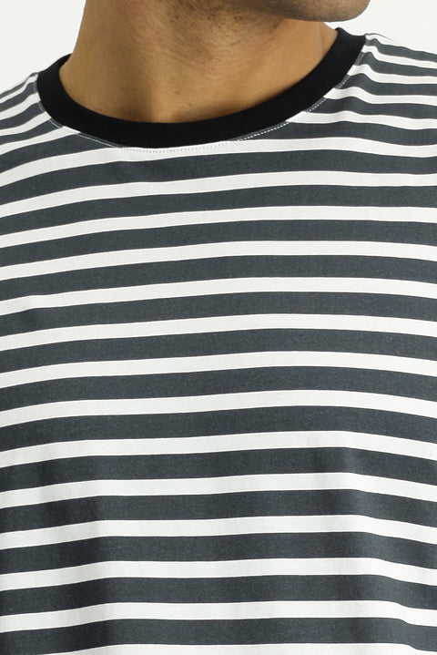 Black Crew Neck Slim Fit Narrow Cut Cotton Striped T-Shirt