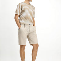 Dark Beige Crew Neck Slim Fit Narrow Cut Cotton Striped T-Shirt