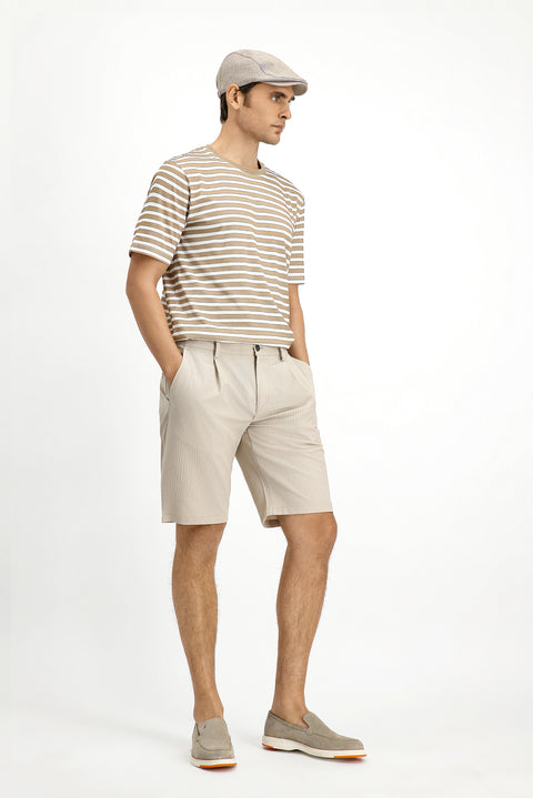 Dark Beige Crew Neck Slim Fit Narrow Cut Cotton Striped T-Shirt