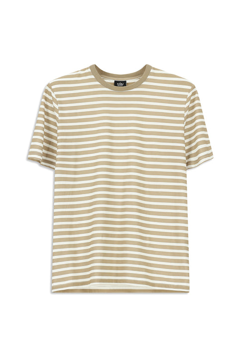 Dark Beige Crew Neck Slim Fit Narrow Cut Cotton Striped T-Shirt