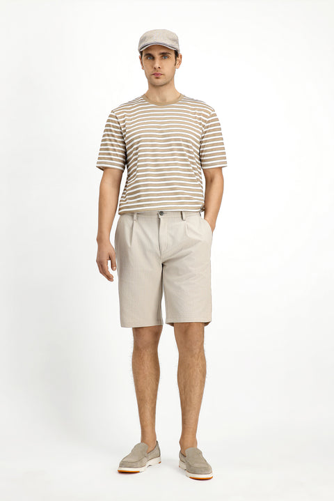 Dark Beige Crew Neck Slim Fit Narrow Cut Cotton Striped T-Shirt