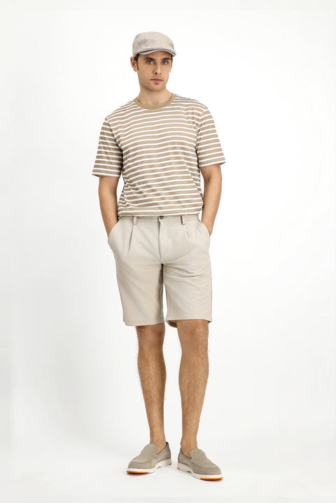 Dark Beige Crew Neck Slim Fit Narrow Cut Cotton Striped T-Shirt