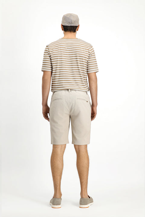 Dark Beige Crew Neck Slim Fit Narrow Cut Cotton Striped T-Shirt