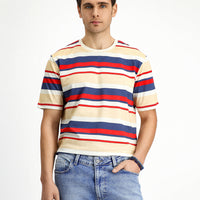 Flag Red Crew Neck Regular Fit Cotton Striped T-Shirt