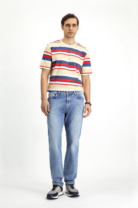 Flag Red Crew Neck Regular Fit Cotton Striped T-Shirt