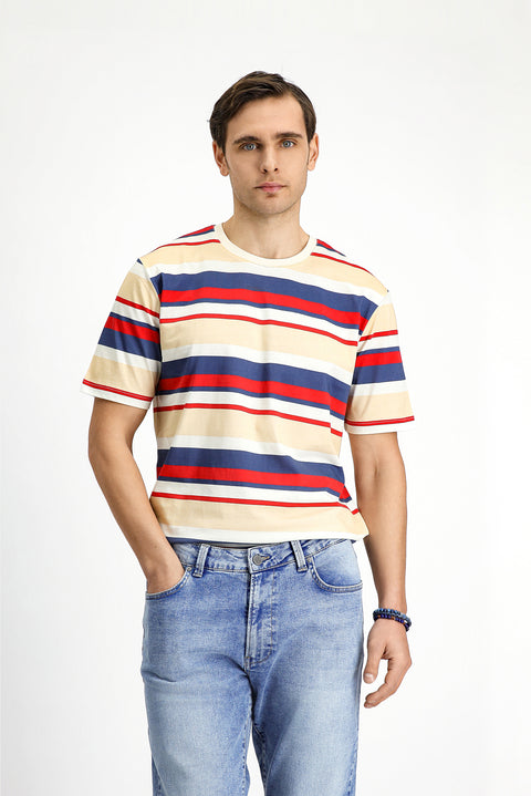 Flag Red Crew Neck Regular Fit Cotton Striped T-Shirt