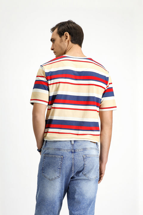 Flag Red Crew Neck Regular Fit Cotton Striped T-Shirt