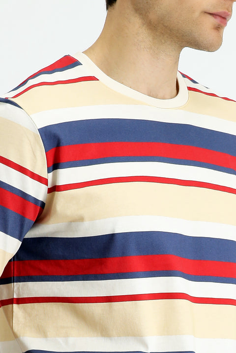 Flag Red Crew Neck Regular Fit Cotton Striped T-Shirt
