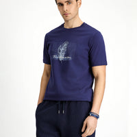 Dark Navy Crew Neck Slim Fit Printed Cotton T-Shirt