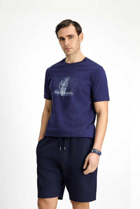 Dark Navy Crew Neck Slim Fit Printed Cotton T-Shirt