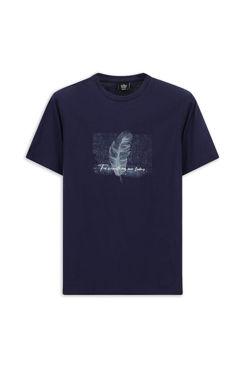 Dark Navy Crew Neck Slim Fit Printed Cotton T-Shirt