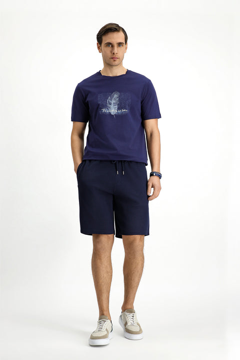 Dark Navy Crew Neck Slim Fit Printed Cotton T-Shirt