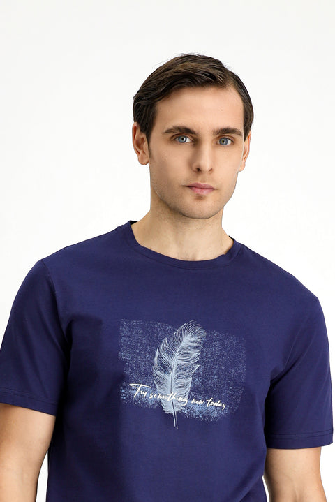 Dark Navy Crew Neck Slim Fit Printed Cotton T-Shirt