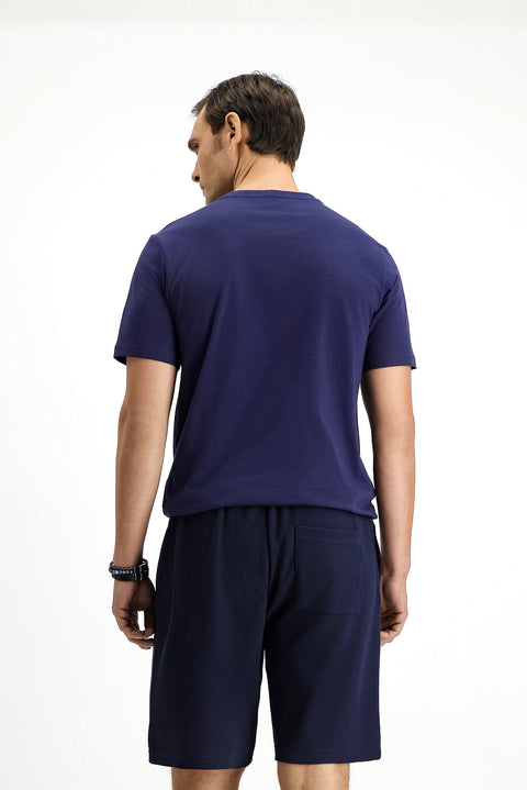 Dark Navy Crew Neck Slim Fit Printed Cotton T-Shirt