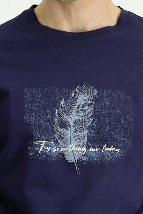 Dark Navy Crew Neck Slim Fit Printed Cotton T-Shirt